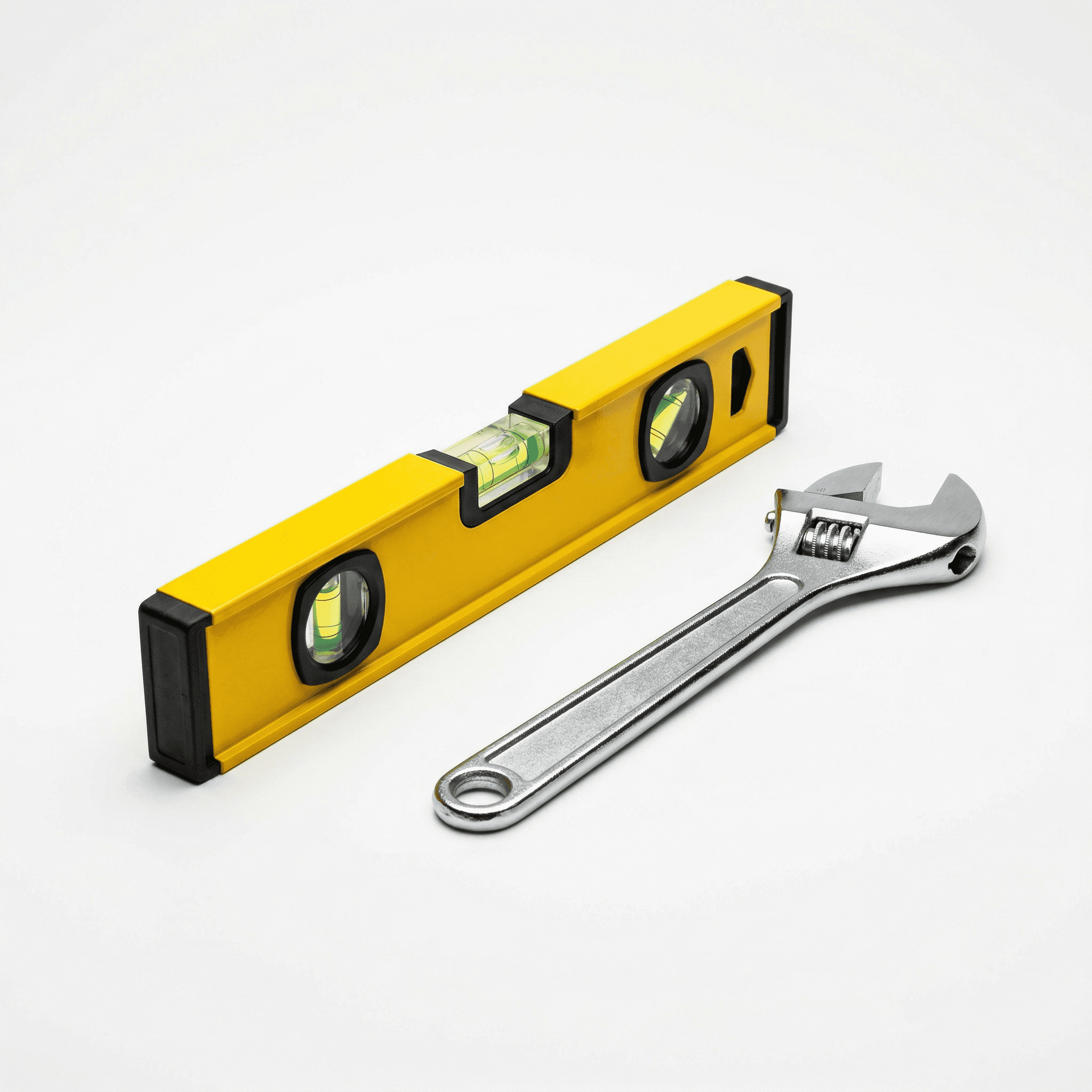 Spirit level and adjustable wrench